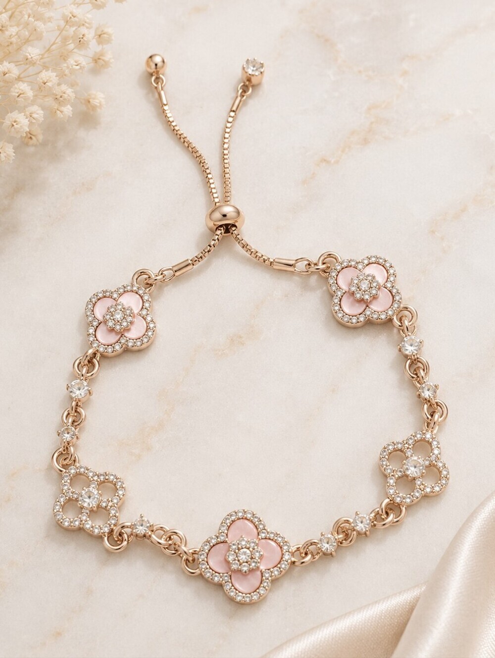 Pink Floral Crystal Adjustable Slider Bracelet Rose Gold Tone Luxe Inspired